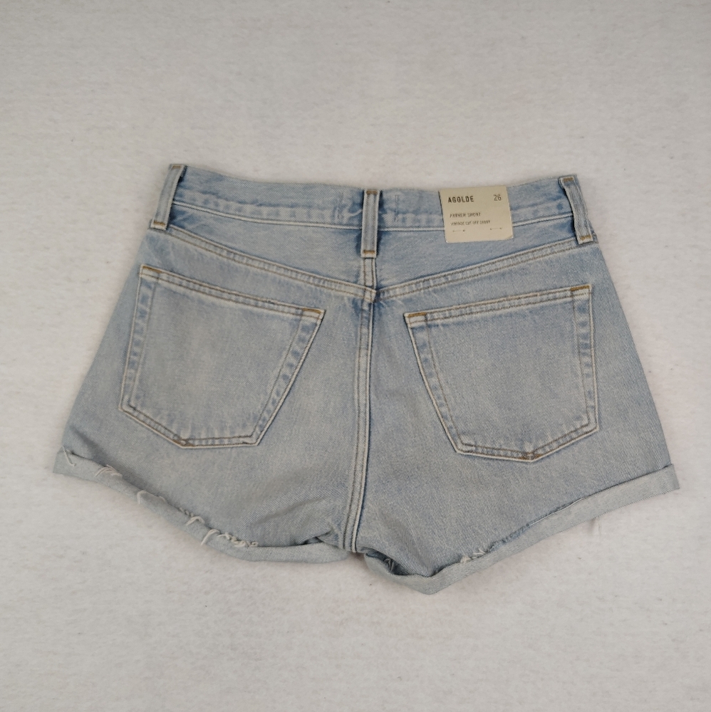 Agolde High Waist Distressed Denim Shorts in Light Blue - Picture 4 of 9
